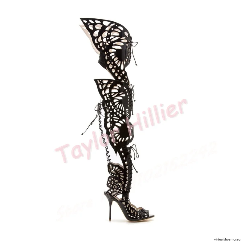

Women'S Butterfly Print Long Sandals Summer Gladiator Open Toe Stiletto Cross Strap High Heels Sexy Hollow Over-The-Knee Boots