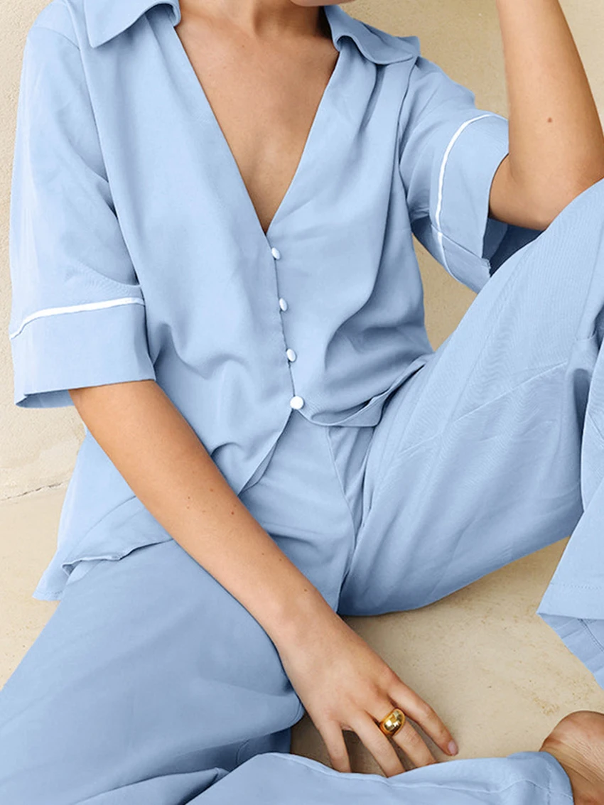 Marthaqiqi Fashion Female Sleepwear Set Turn-Down Collar Nightgowns Half Sleeve Nightwear Pants Loose Women Pajamas 2 Piece Suit