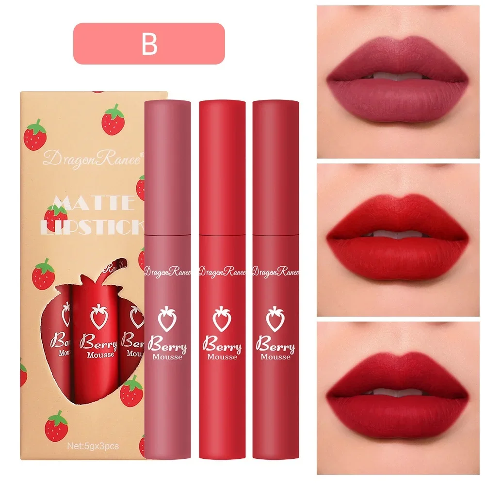 3 PCS Strawberries Set Velvet Matte Lip Gloss Lipstick Lip Gloss Female Non stick Cup Cute Set
