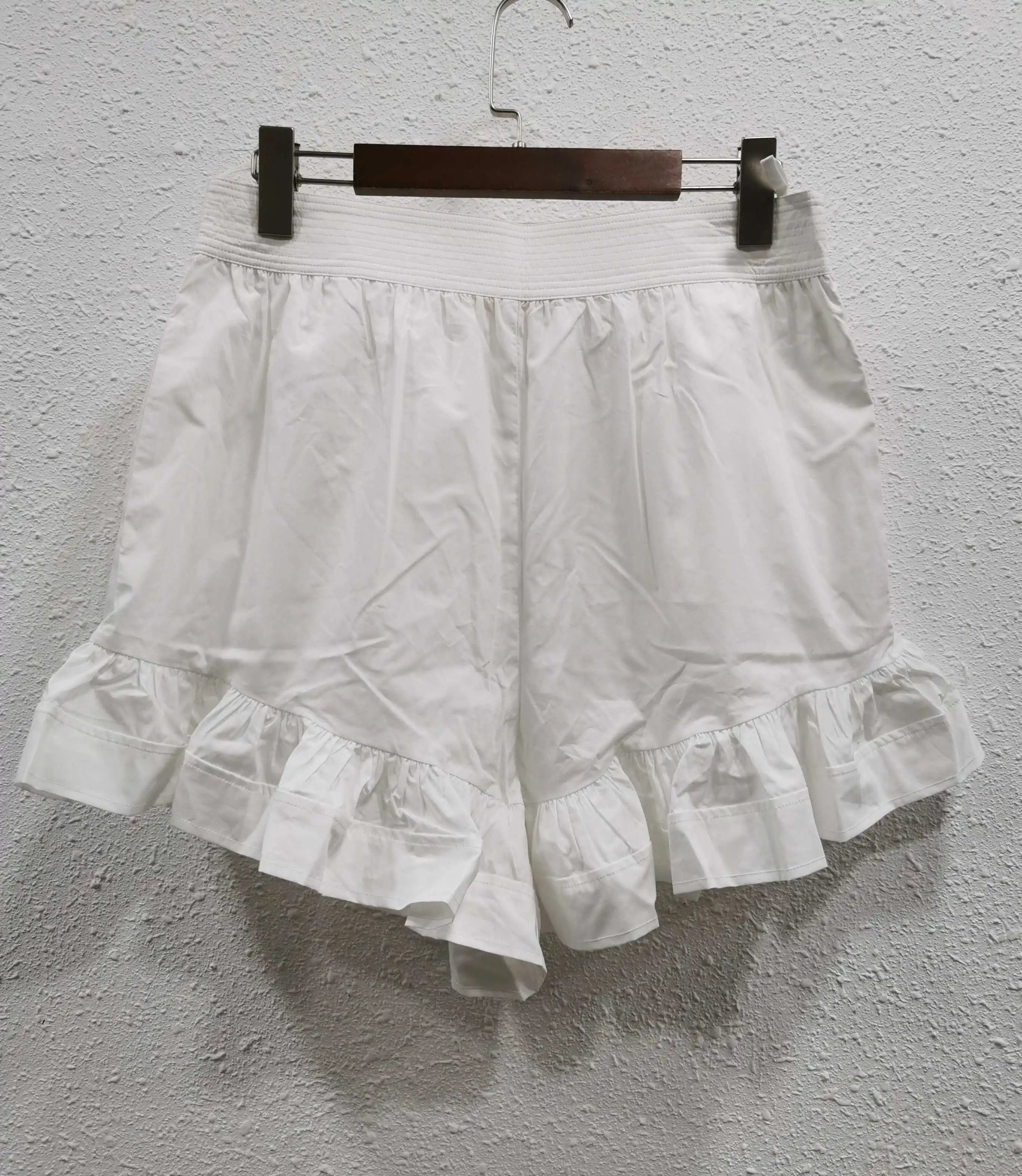 Women White 100% Cotton Ruffle Hem Shorts Elastic High Waist Casual Loose short pants