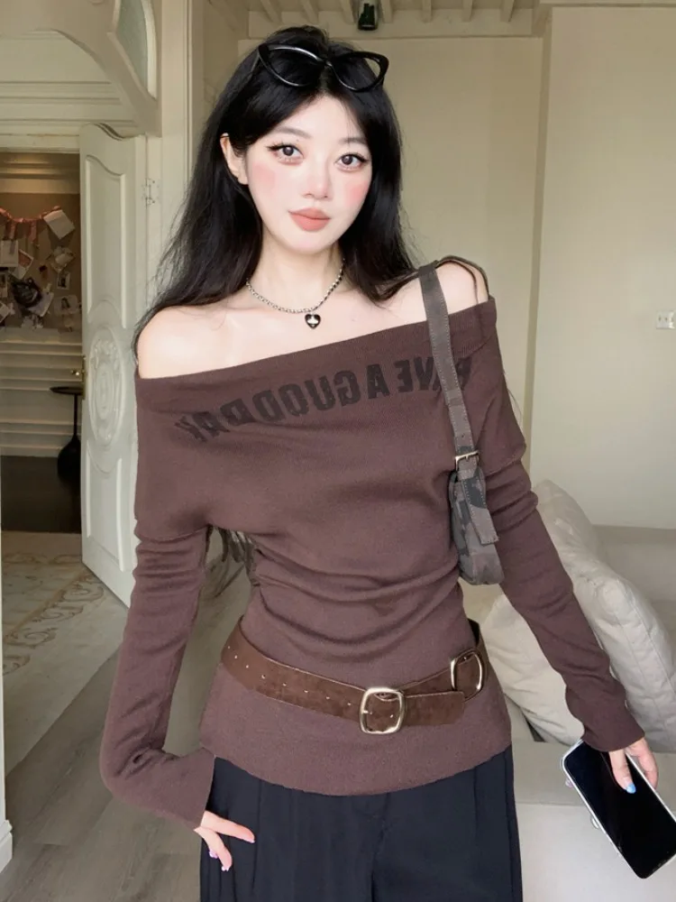 American Style Knitted Letter Sweater Women's Autumn Winter Shoulder Bared Waist Designed Base Shirt Inner Wear Casual Top