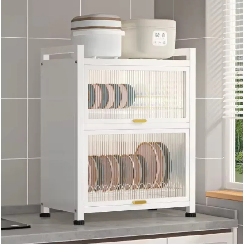 Multi-layer flap door countertop storage rack unit kitchen tableware storage device dust cabinet shelf