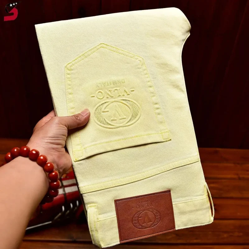 

Новые винтажные бежевые джинсы 2026 года для мужчин: модные, облегающие, зауженные, повседневные, из денима, трендовые, уличный стиль, эластичные брюки