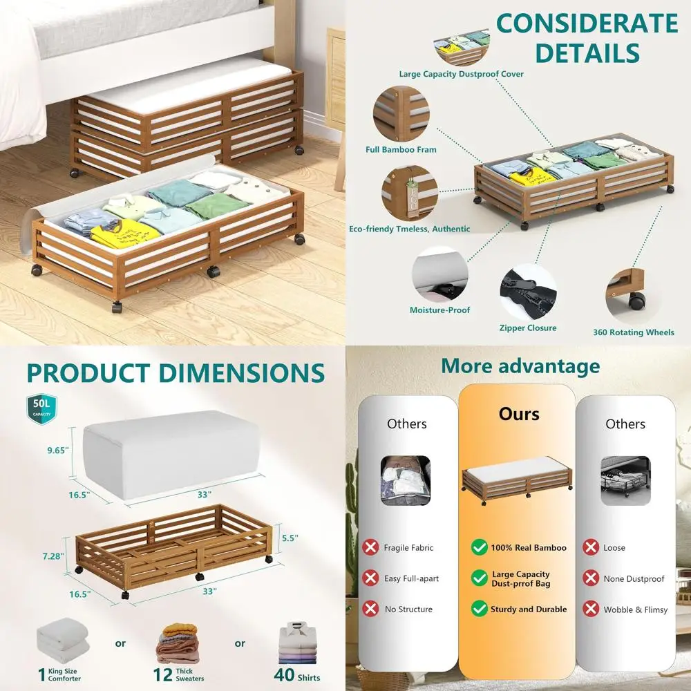 

Rolling Under Bed Storage Organizer with Wheels and Dustproof Bag, 2-Pack Wooden Shoe Storage (Walnut, 33.07x16.54)