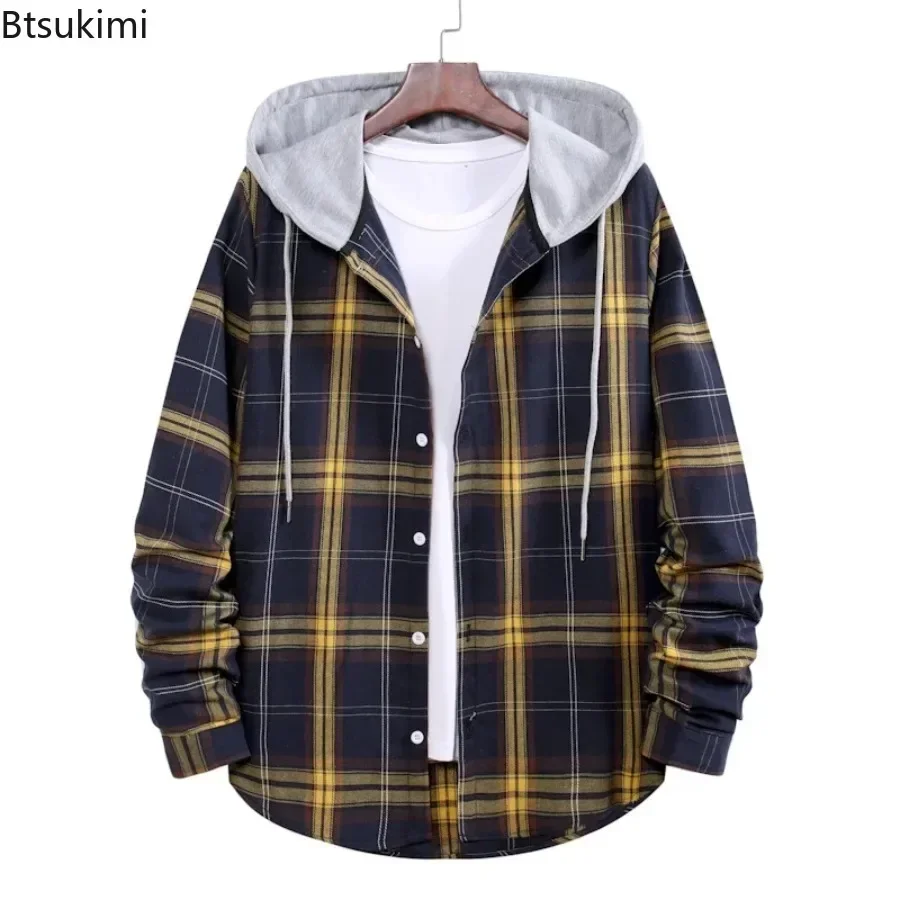 Fashion Men's Plaid Shirts 2026 New Man Hooded Jacket Shirts Casual Daily Streetwear Loose Long Sleeve Hooded Coats for Men Tops