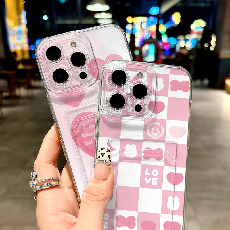 Чехол для телефона с электрокардиограмой LOVE Grid для iPhone 11, 12, 13, 14, 15, 16 Pro Max Plus X XS XR 16E, мини-карман для карт, чехлы