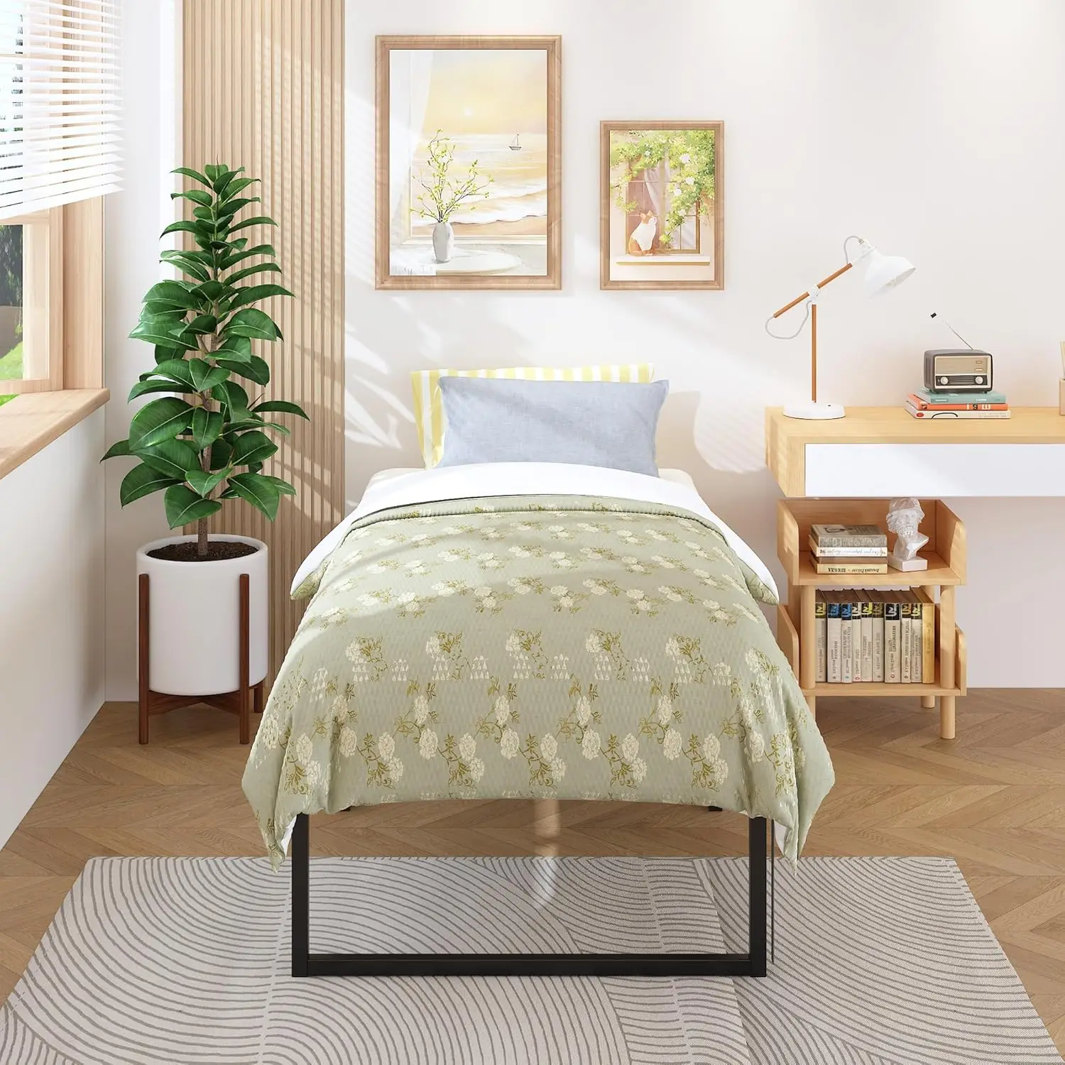 Zwaar uitgevoerd metalen bedframe met twee platforms, geen boxspring nodig, eenvoudige montage, geluidsvrij, zwart