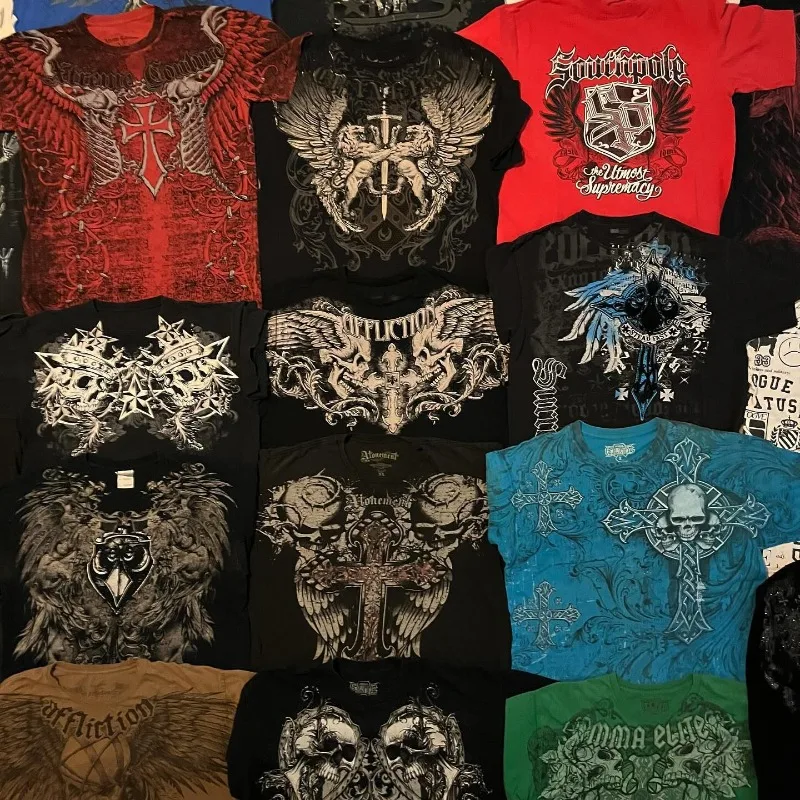 Flea Market Affliction T-shirt Man Y2K Vintage Boy Street Fashion Gothic Oversized Short Sleeves New XXXXL Top