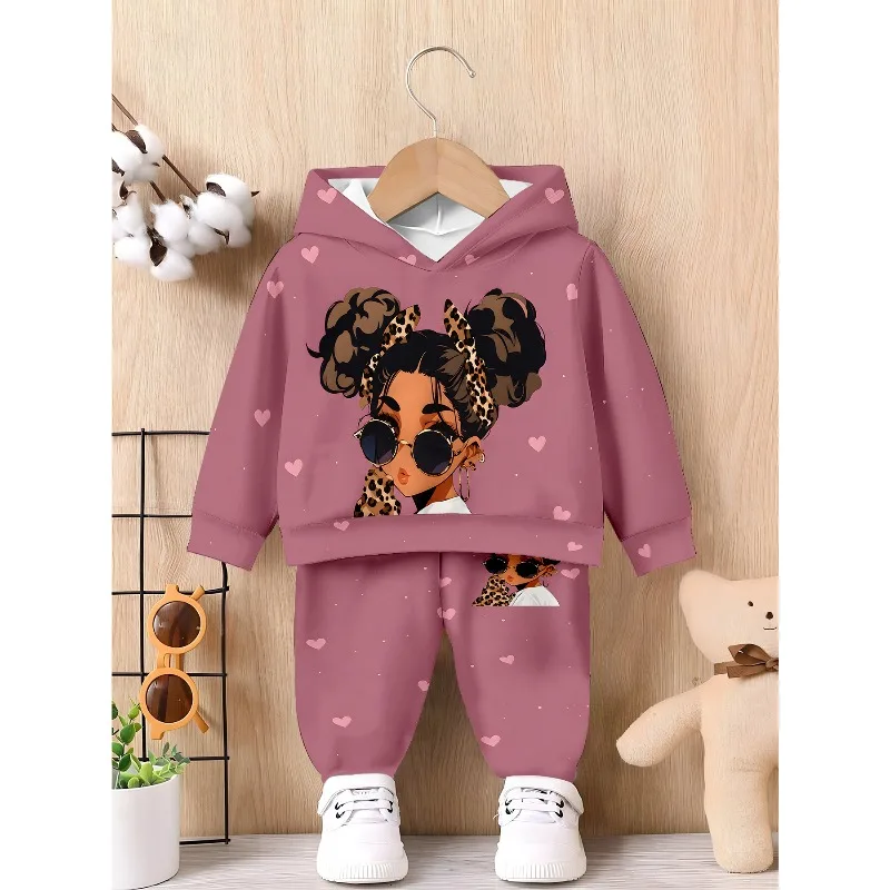 Kids Hoodie Jogger: Leopard Girl Cartoon Print, Pink Blossom Floral Pattern, Castle Unicorn Graphic Kids Tracksuit