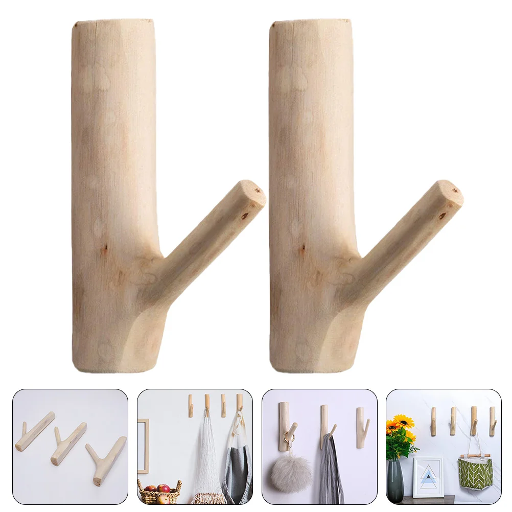 2 Pcs Solid Wood Sticky Hook Wall Hanging Rustic Hooks Coat Hanger Utility Decorative Farmhouse Wooden Towel