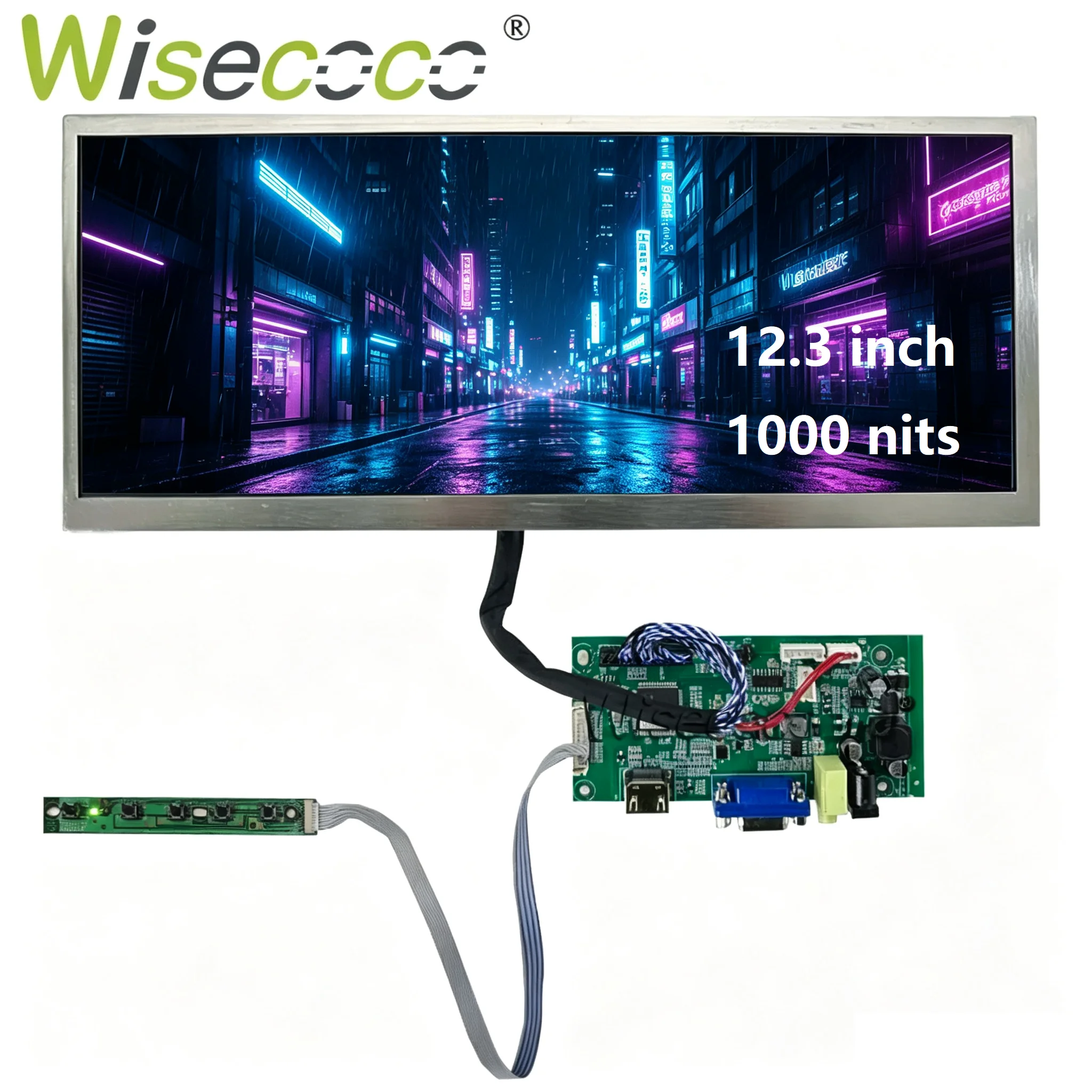 Wisecoco 12.3 Inch Stretched Bar LCD Display 1920x720 1000 Nits Sunlight Readable Automotive Instrument Cluster Screen