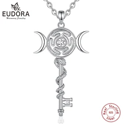 Eudora 925 Sterling Silver Hekate Wheel Necklace for Women Snake Key Triple Moon Goddess Pendant Witch Jewelry Personality Gift