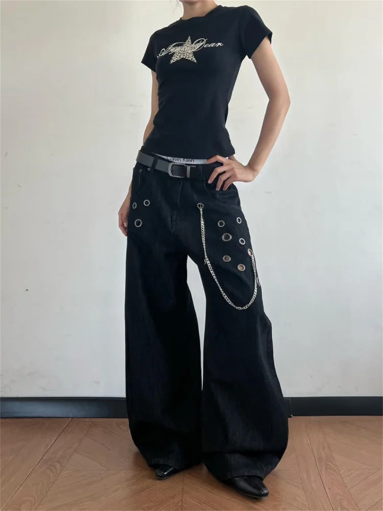 Women's Black Gothic Y2k Gyaru Emo Baggy Jeans Oversize Denim Trousers Harajuku Vintage Grunge Alternative Wide Leg Jean Pants