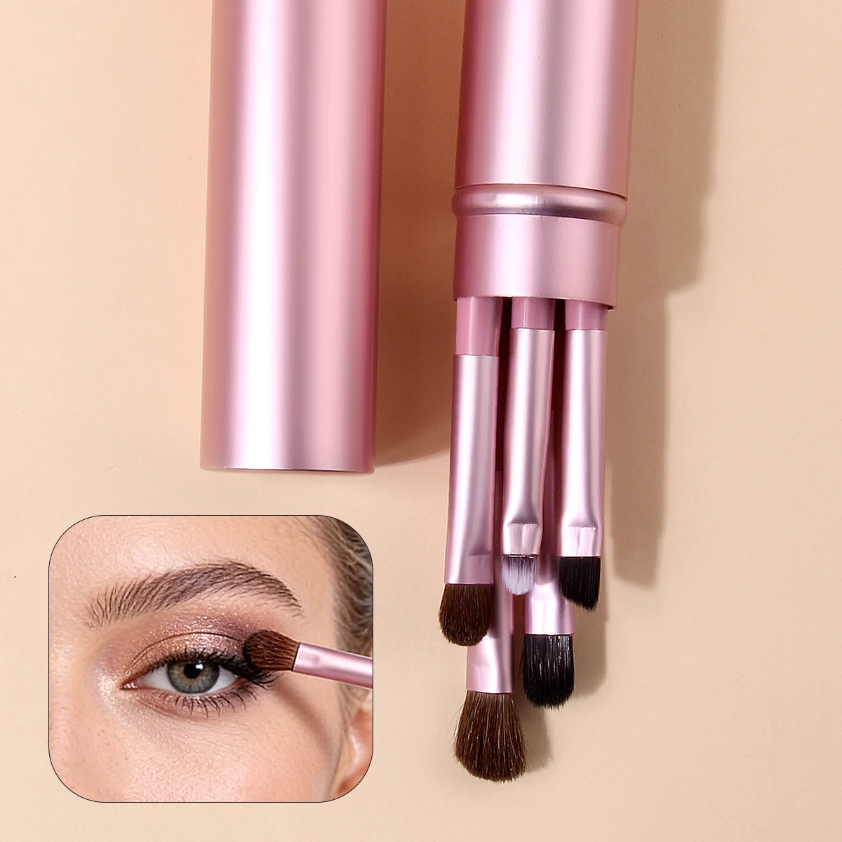 8-teiliges roséförmiges loses Puderpinsel- und multifunktionales Augen-Make-up-Pinsel-Set sowie Augenbrauenformmesser und tragbarer Aufbewahrungseimer