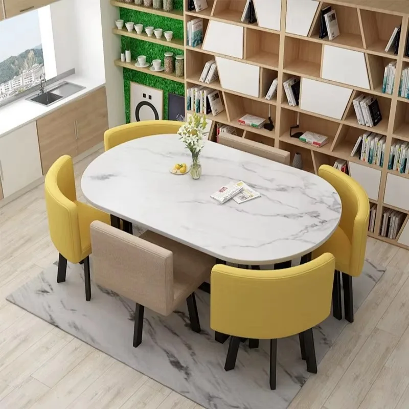 

-+Modern Minimalist MDF Oval Dining Table With Metal Legs 1 Table 6 Chairs Commercial Furniture For Office Breakroom Home Bookb