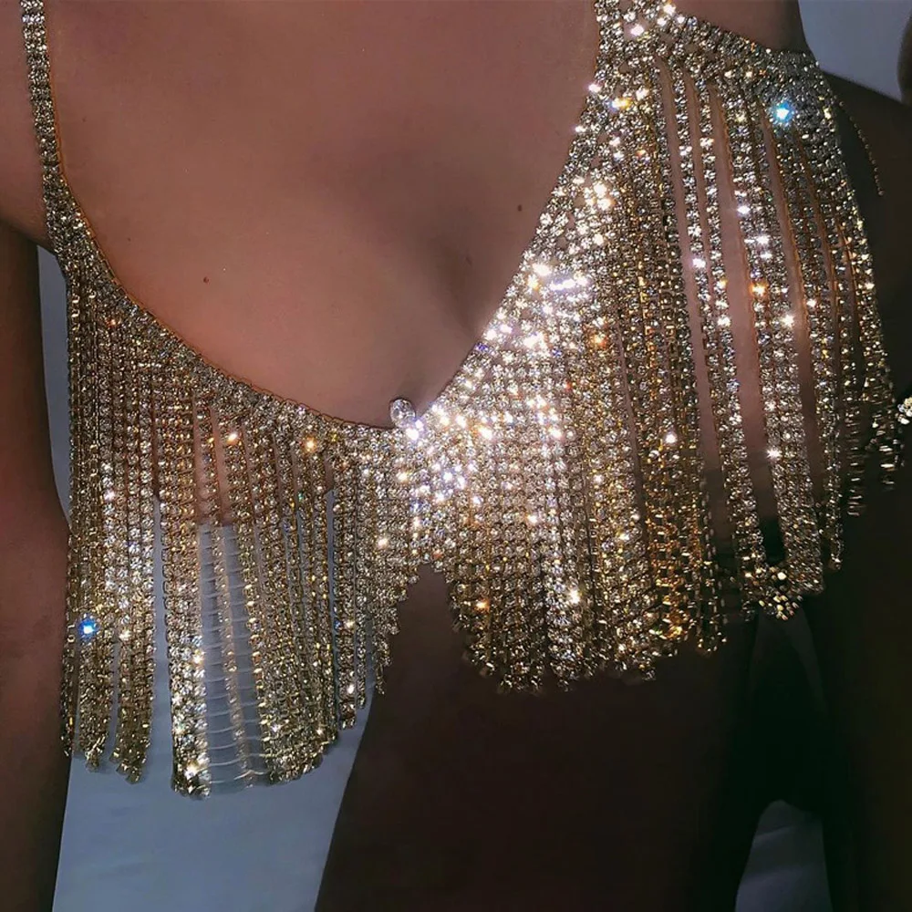 Sexy Multilayer Chest Chain Jewellery Rhinestone Bra Women Beachy Bikini Fashion Sparkling Crystal Body Chain Cham Tassel