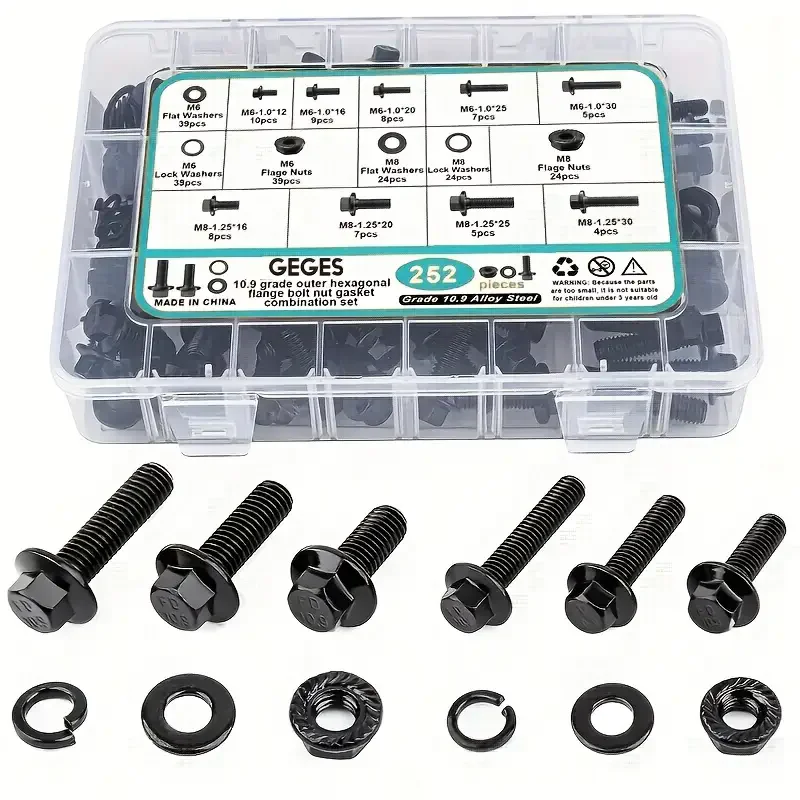 

252pcs Premium Flange Hex Bolt Set - High-Strength & Rust-Resistant - Universal Fit for Car Repair & Mechanical Equipment - M6