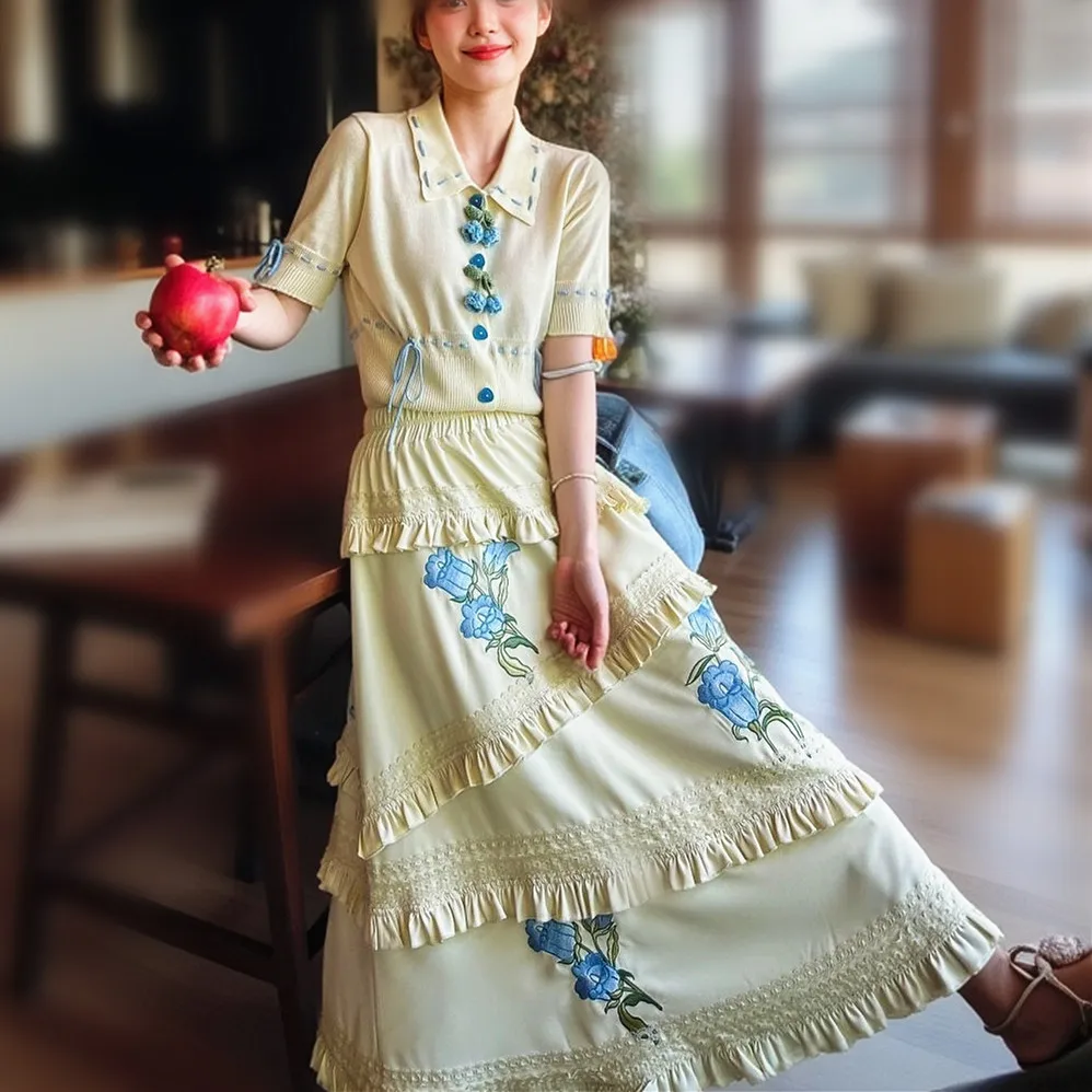 Runway Spring Summer Knitted Short Sleeve Tops Tees Women Tops Long Ruffles Embroidery Flowers Young Skirts Suits Set NZ184