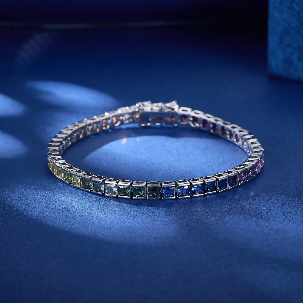 

Fashion Jewelry Elegant Silver Plated 17cm Rainbow Zirconia Square Crystal Tennis Women Bracelets