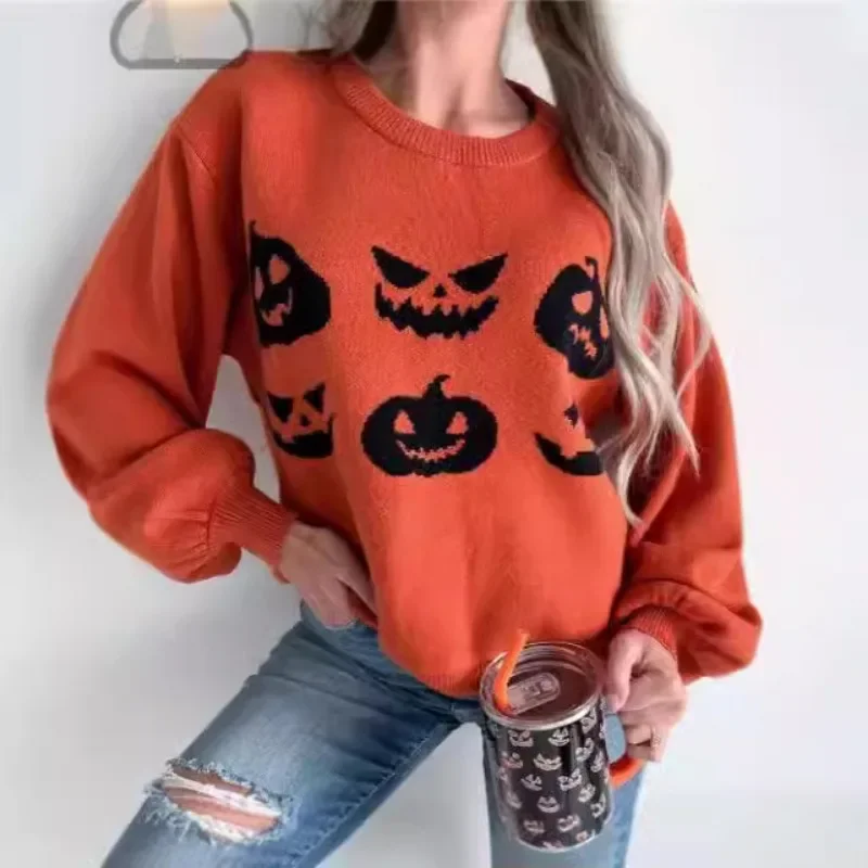 2024 European and American Women Orange Halloween Pumpkin Face Pattern Shoulder Knitted Loose Long Sleeve Sweater