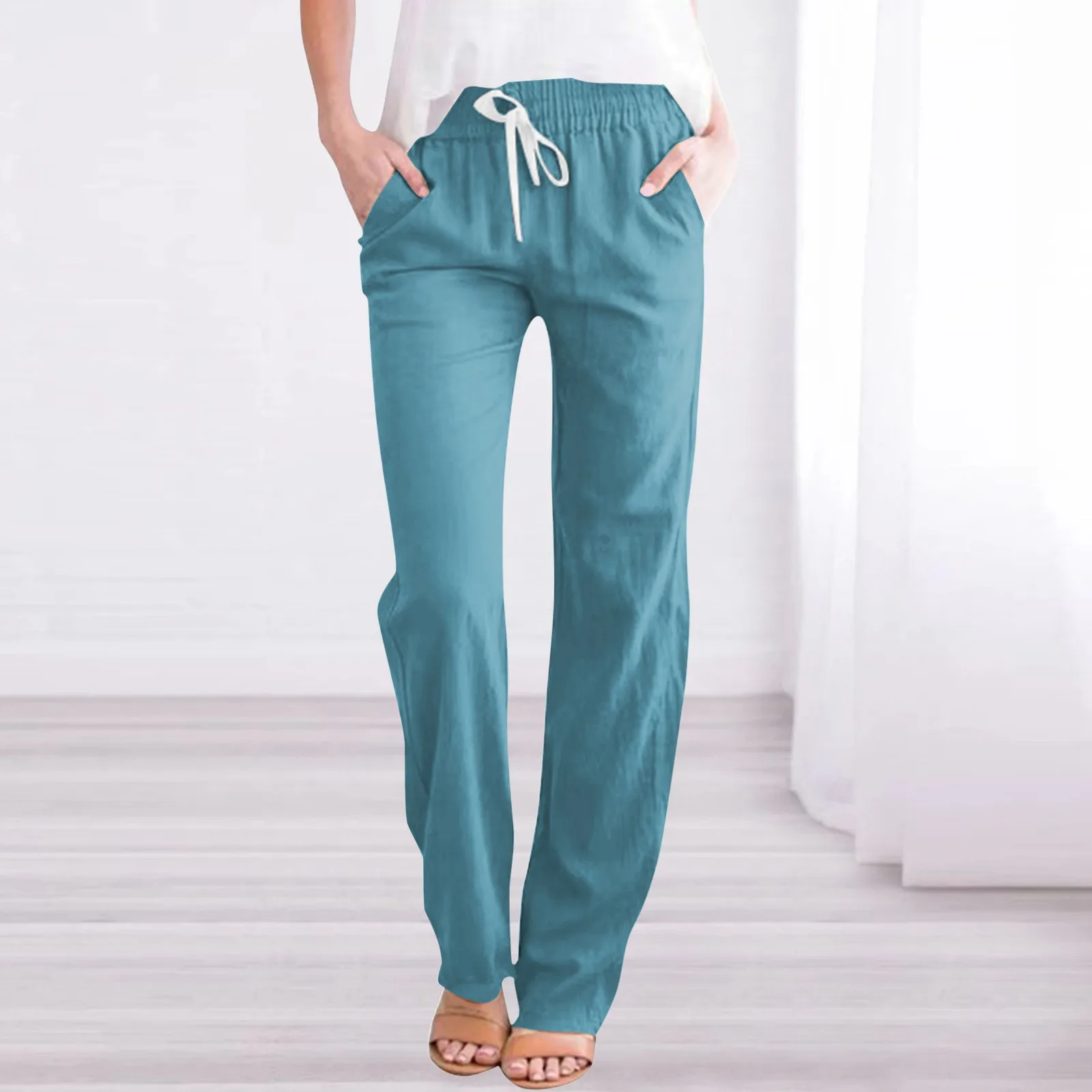 

Women Cotton Line Elastic High Waist Ankle-length Loose Straight Pants Solid Regular Women Daily School Shopping Travel Wear