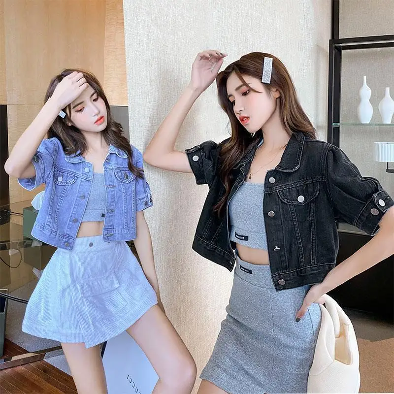 Women's Short Denim Jacket Spring Autumn New Korean Style Short Sleeve Top, Cute Jean Crop Blazer for Ladies Casual Outerwear