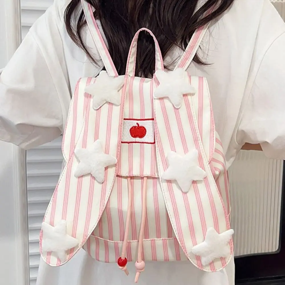 Canvas Backpack Rabbit Ear Backpack Striped Pattern Rabbit Ear Flap Bunny Backpack Front Patch Detail Canvas Striped Backpack