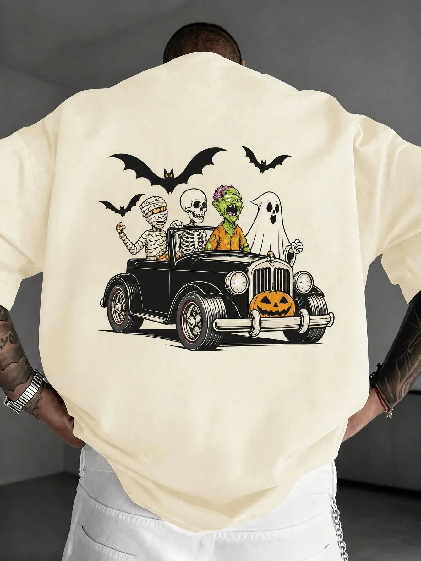 Halloween Monster Road Travel T-shirt Unisex Mummy Skeleton Zombie Ghost Retro Car Bat Pumpkin Back Printed Pattern T-shirt