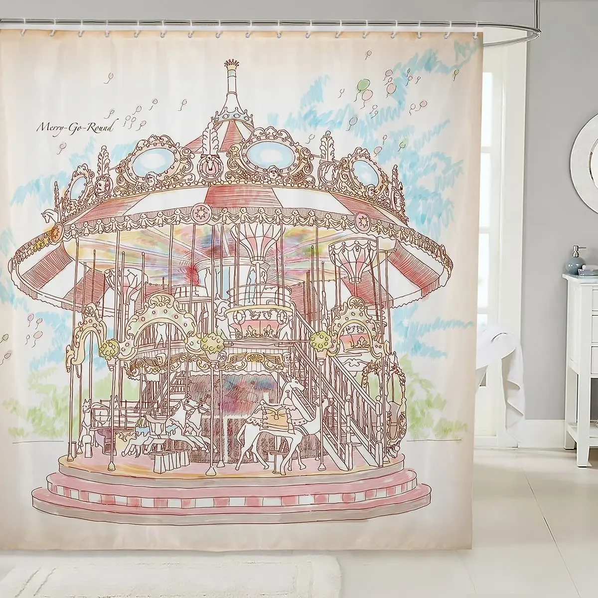 Carousel Shower Curtain Waterproof Polyester Fabric,Amusement Park Bath Curtains Home Bathroom Decor Hanging Curtain with Hooks