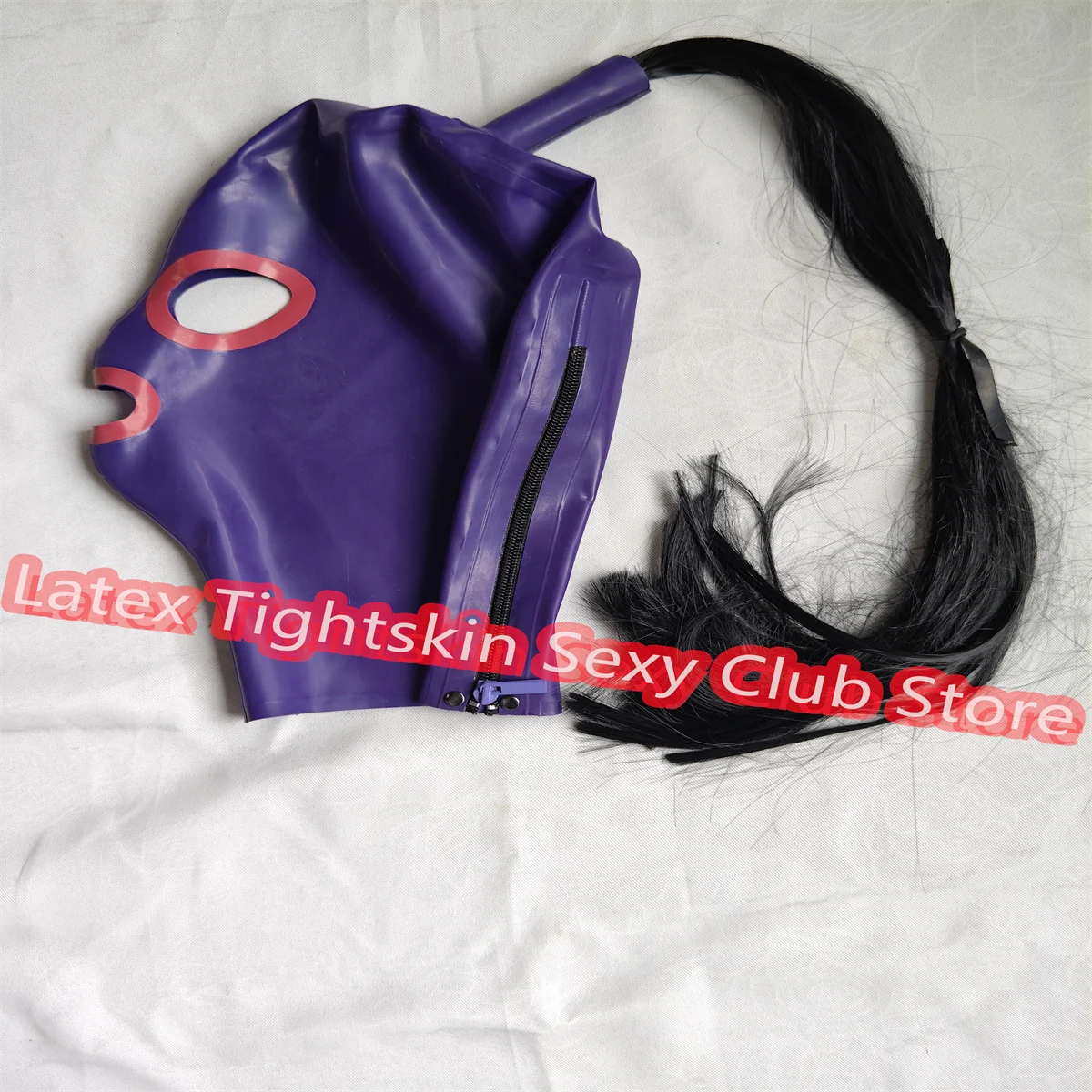 

Female Latex Mask Rubber Hood Wig Purple with Red Trim Cosplay Party Mask with Back Zipper for Women