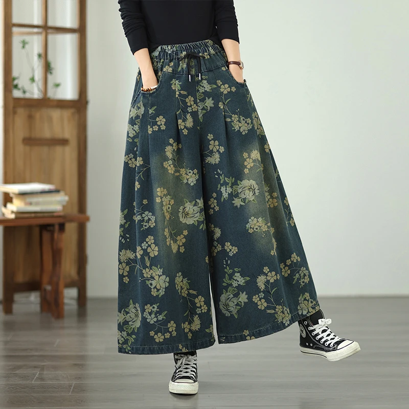 plus Size Autumn Long Denim Print Elastic Loose Slimming Casual Versatile Straight Leg Wide Leg Pants High Waist Cotton Polye...