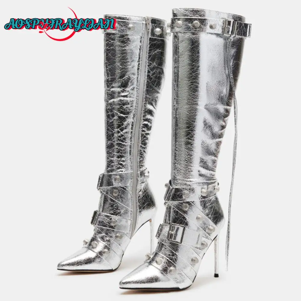 

Brand New Ladies Pointed Toe Boots Fashion Design Rivet Punk Thin High Heels Womens Boots Party Sexy Metallic Silver Woman Shoes