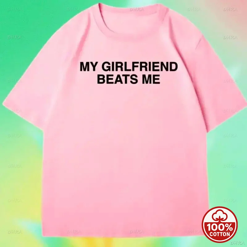 Men's Funny My Girlfriend Beats Me Graphic Tee, Sarcastic Relationship Humor T-Shirt, 2026 Summer Casual Retro Letter Print Top