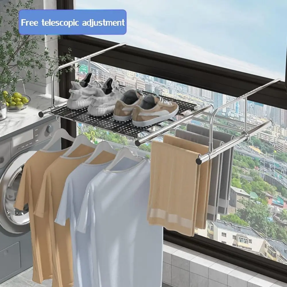 Indoor/Outdoor Stainless Steel Retractable Clothes Drying Rack, Wall-Mounted Space-Saving Laundry Hanger, Silver, 78