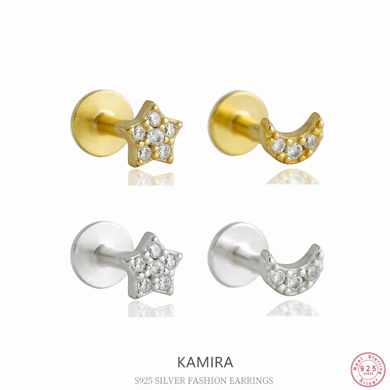 

KAMIRA 925 Sterling Silver Mini Cute Piercing Star Moon Zircons Screw Earrings for Women Geometric Daily Jewelry Accessory Gift