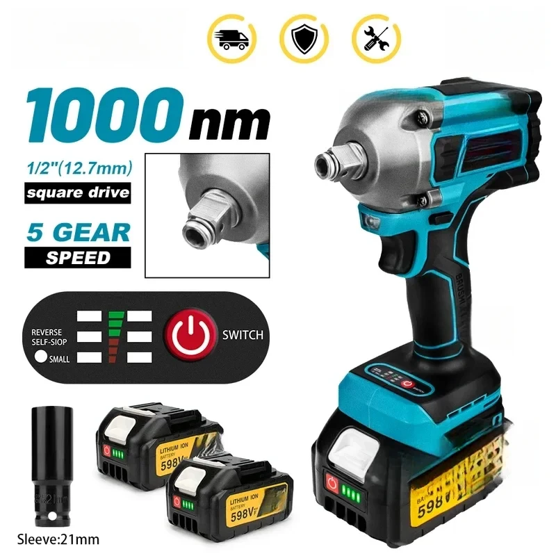 1000N.M Torque Brushless Electric Impact Wrench 1/2 inch Cordless Wrench Screwdriver Power Tools for Makita 18V Battery