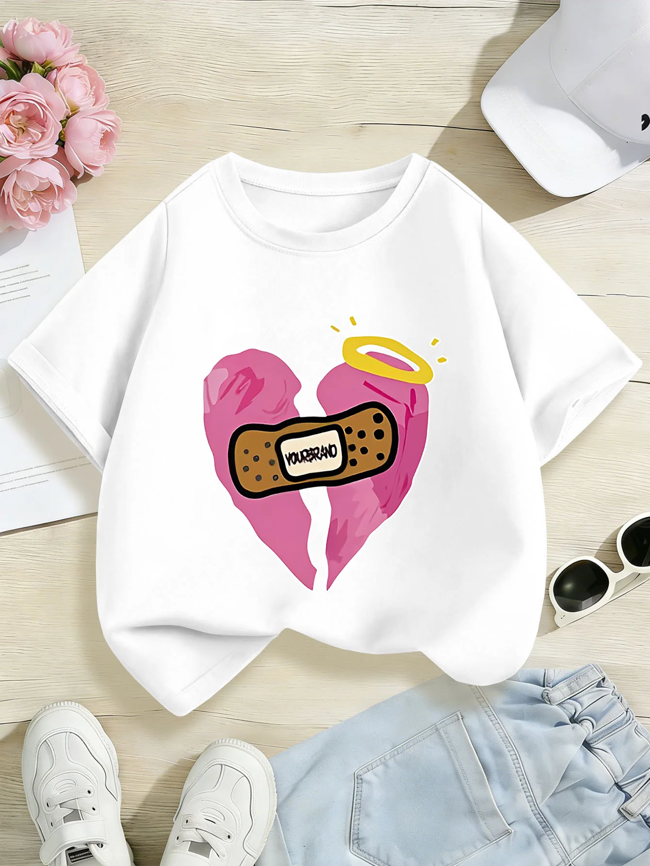 Broken Heart Bandage Halo Print Boys Girls Short Sleeve Tee Parent Match Soft Cotton Kids Stylish Daily Casual Fashion T Shirts