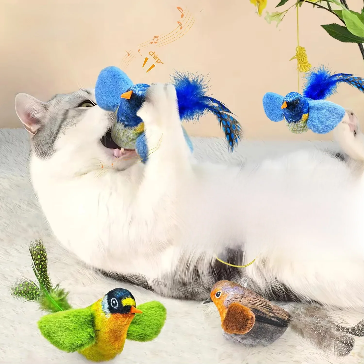 1pc/3pcs Indoor Interactive Birds Toy For Cat Chasing Teasing Toy Sounding Catnip Cat Teaser Hanging Birds (rope, Random Color)