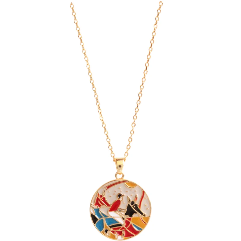 

National style retro autumn and winter new literary and retro horse racing map round brand pendant collarbone chain female