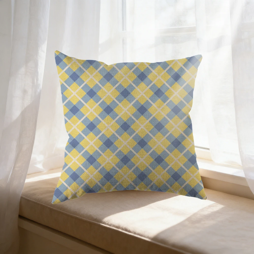 Vintage Style Yellow Blue Plaid Pattern Cushion Cover for Sofa Bed Living Room Bedroom 45x45cm