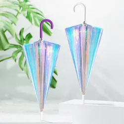 Automatic curved handle transparent umbrella, small fresh girly colorful umbrella, fashionable iris colorful laser umbrella