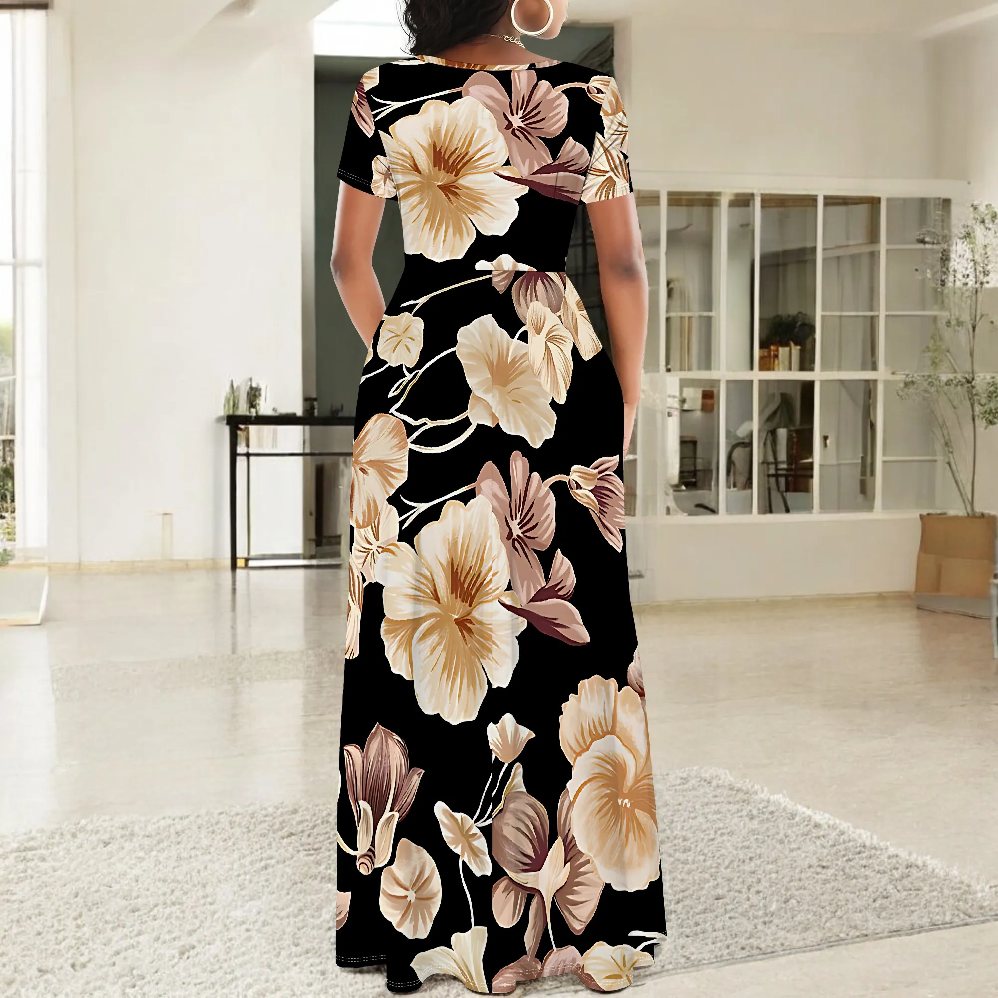 Abito lungo Boho ampio da donna a maniche corte con collo sexy, abito lungo da vacanza casual con orlo diviso stampato alla moda