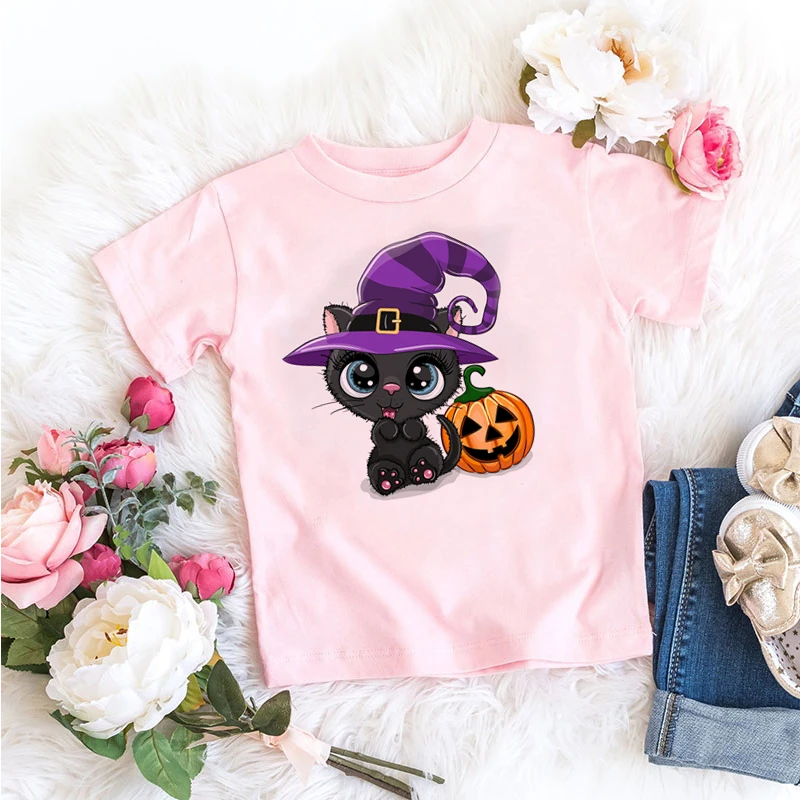 Newly Halloween T Shirt Kawaii Cat Cartoon Print White T-shirt Baby Cute Tops Tee Girls Tshirt Pumpkin Present Clothes Drop Ship