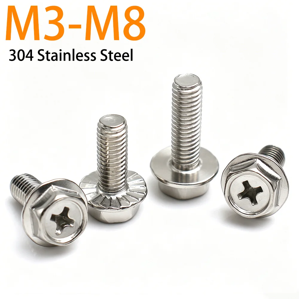 5-25pcs 304 Stainless Steel Phillips Hex Flange Screws Bolt Non-slip With Washer M3 M4 M5 M6 M8