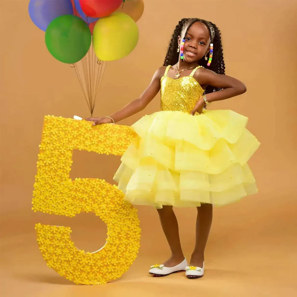 Yellow Short Flower Girls Dresses Spaghetti Strap Ruffles Tier Kids Birthday Party Gown Tulle Layered Child Photography Dress