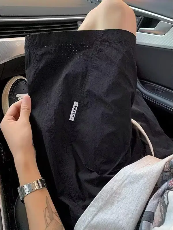 شورت رجالي سريع الجفاف من الحرير الجليدي، صيفي خفيف، كاجوال، رياضي للشاطئ، واسع، خمس نقاط، شبابي، ملابس خارجية، شورت متوسط الطول