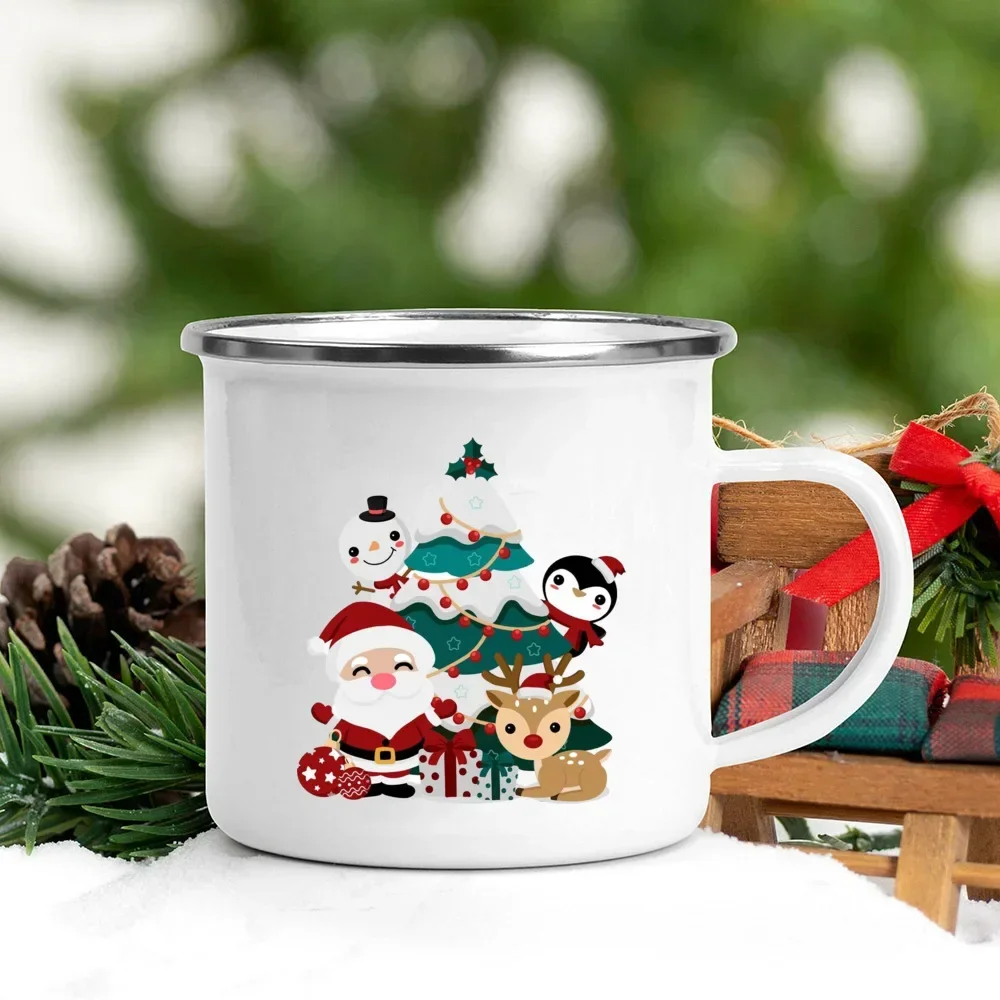Merry Christmas Tree Snowman Santa Printed Mug Enamel Handle Coffee cup Banquet Party Drinking Mugs Gift for Family Lover Friend