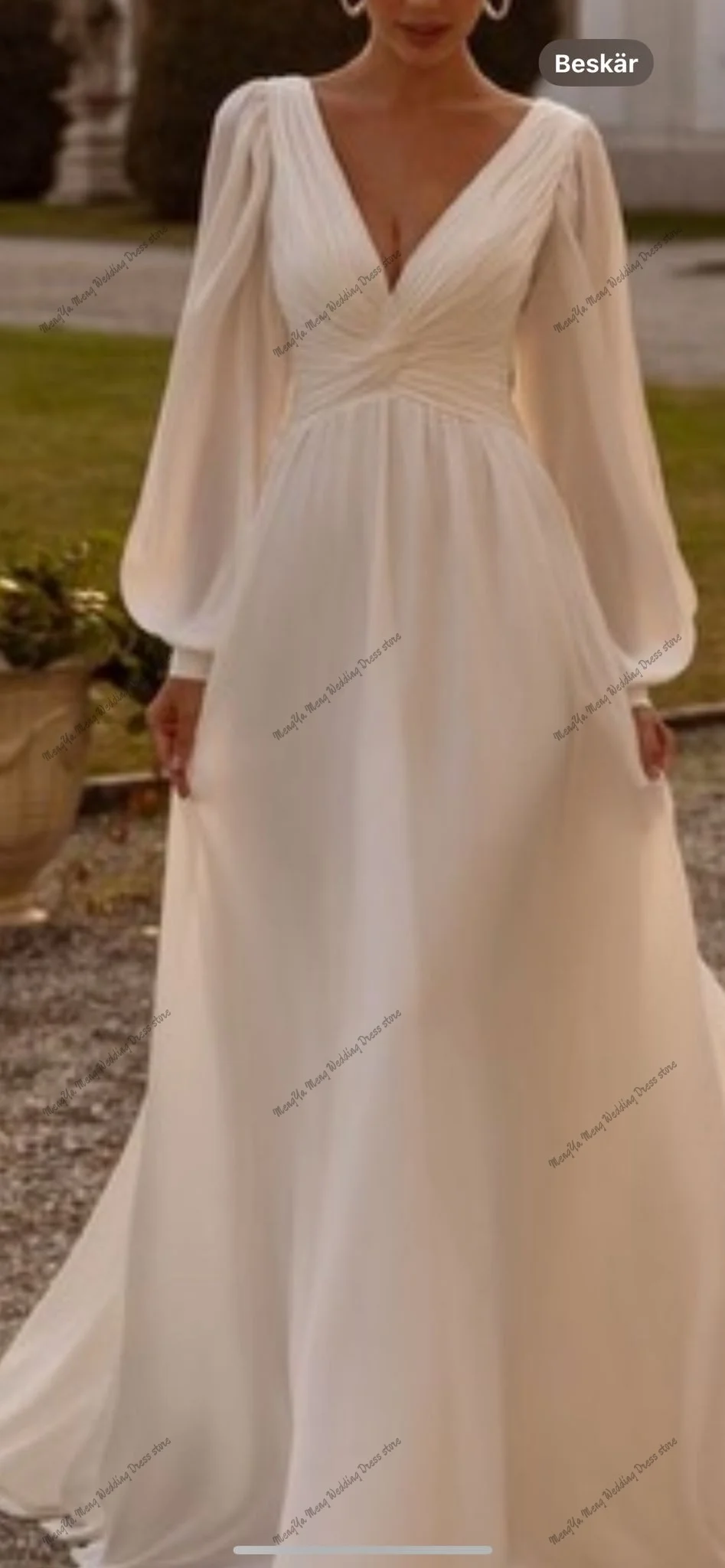 ZHUISHU Customized Simple Chiffon A-Line Wedding Dresses V-Neck Long Puff Sleeves Backless Bridal Grown Formal Prom Party Gowns