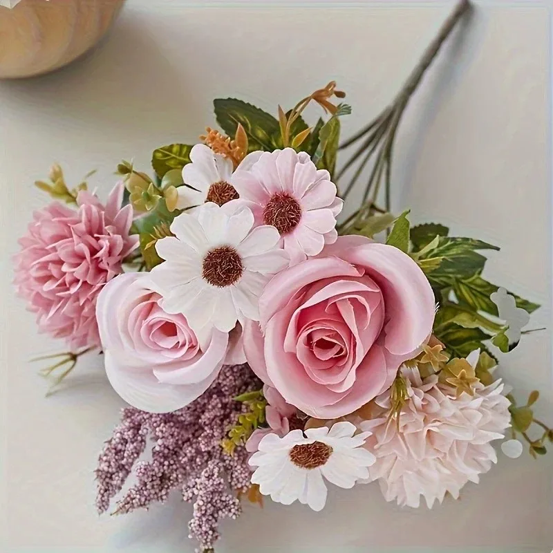 1 künstlicher Rosenstrauß (ohne Blumenkorb), handgehaltener Blumenkranz, Simulationsblume, Gänseblümchen, Hochzeitsdekorationsstrauß – Detail 3