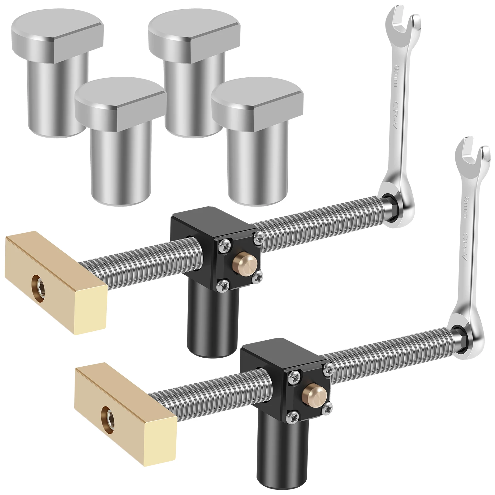 2Pcs Bench Dog Clamps 19/20mm Adjustable Woodworking Bench Clamps with 4 Bench Dogs Stainless Steel Brass Woodworking Clamps